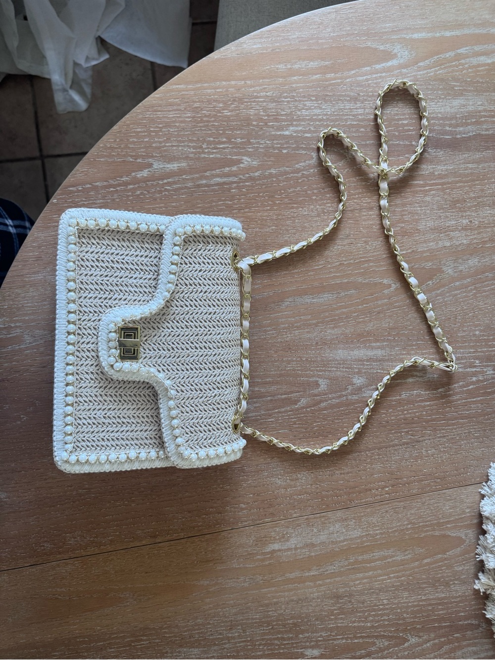 Woven Cream Crossbody Bag with Gold Chain